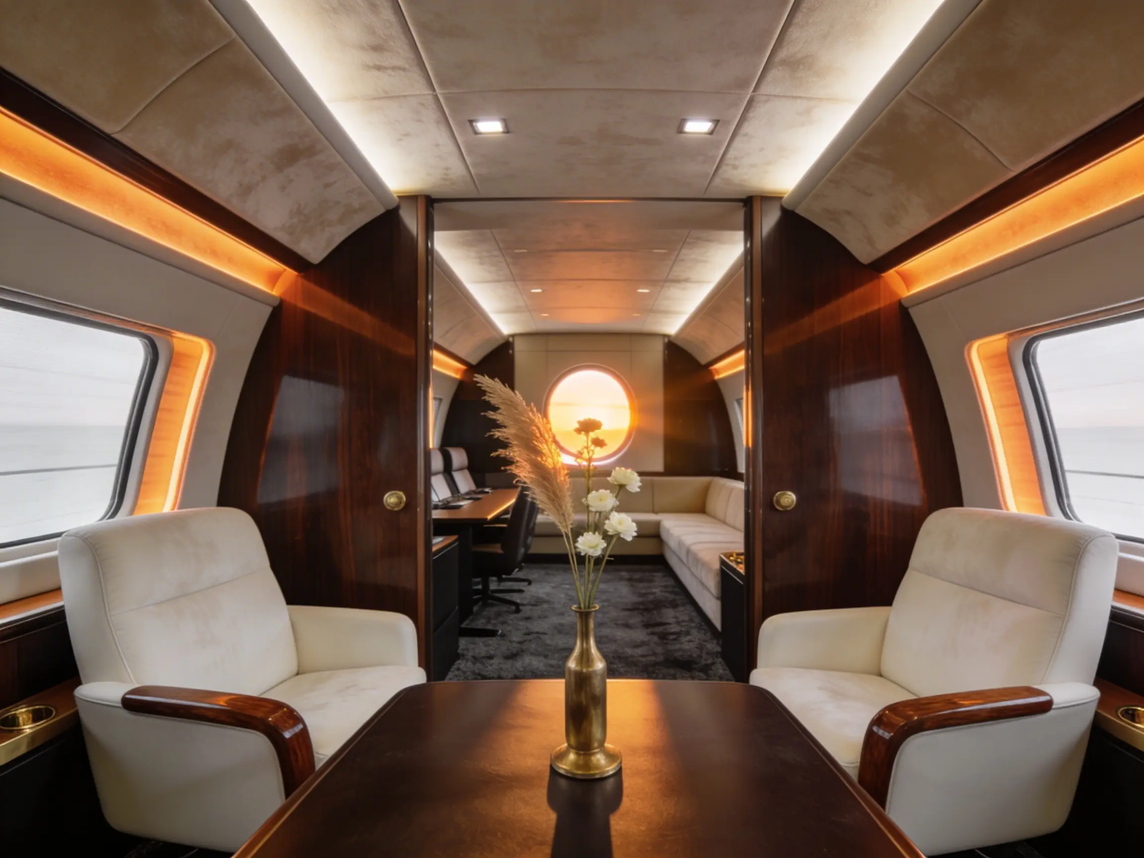 Spacious heavy jet cabin interior with multiple zones and luxury finishes