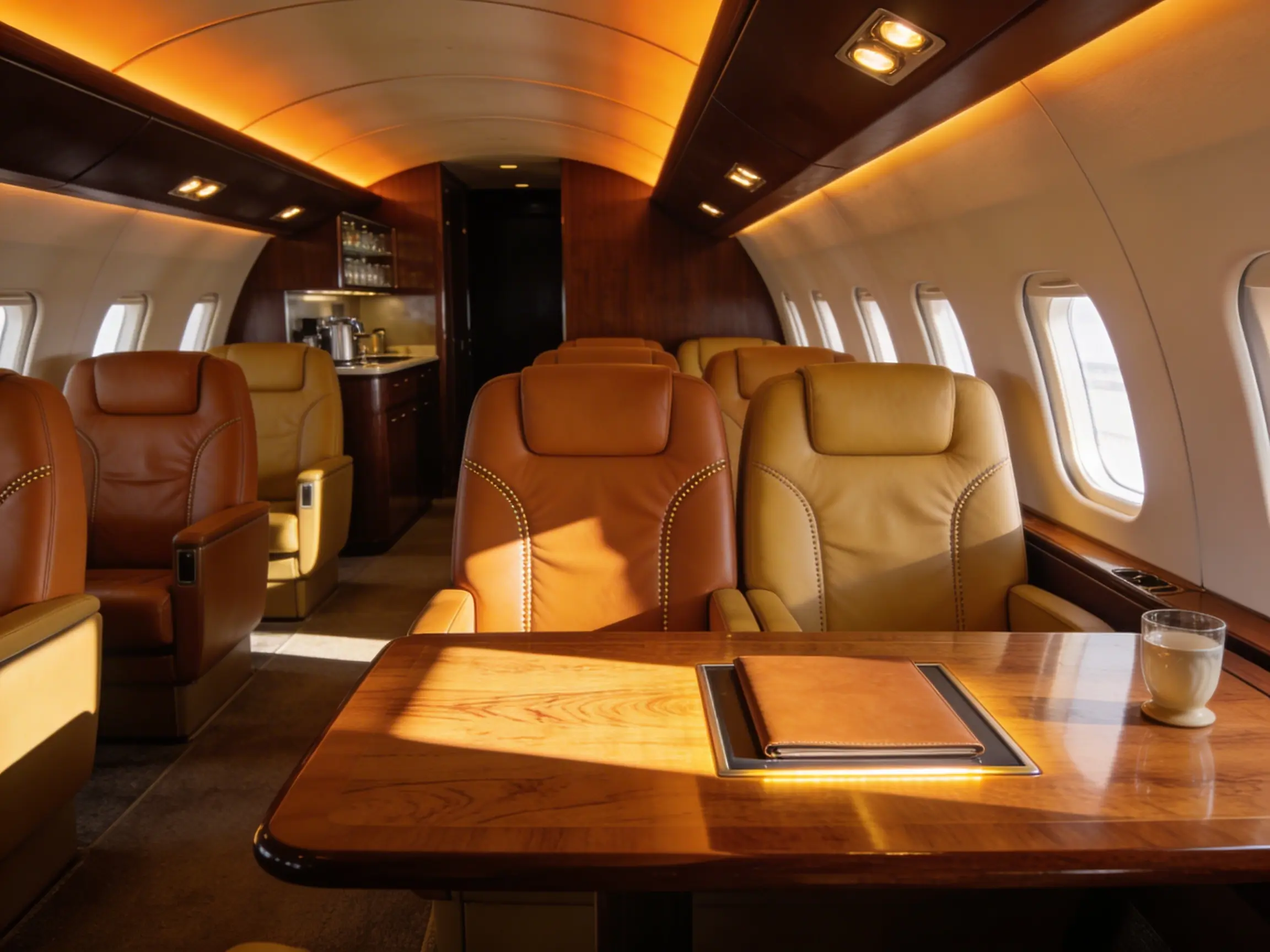 Midsize jet cabin with stand-up headroom and conference table