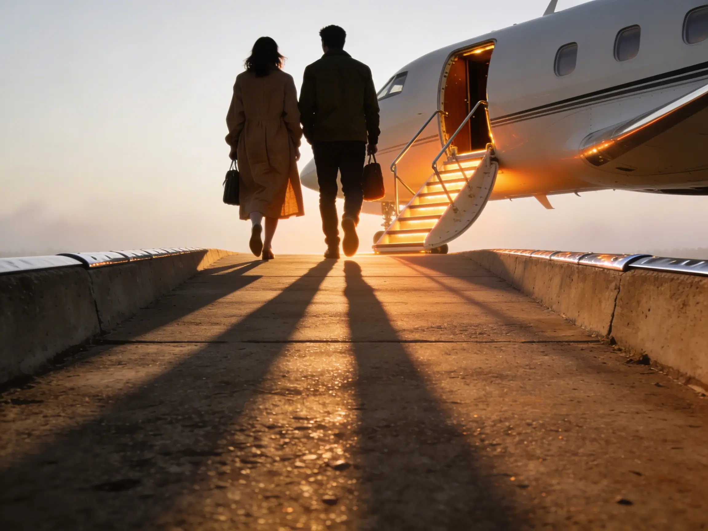Couple walking toward a private jet on the airport ramp in afternoon light