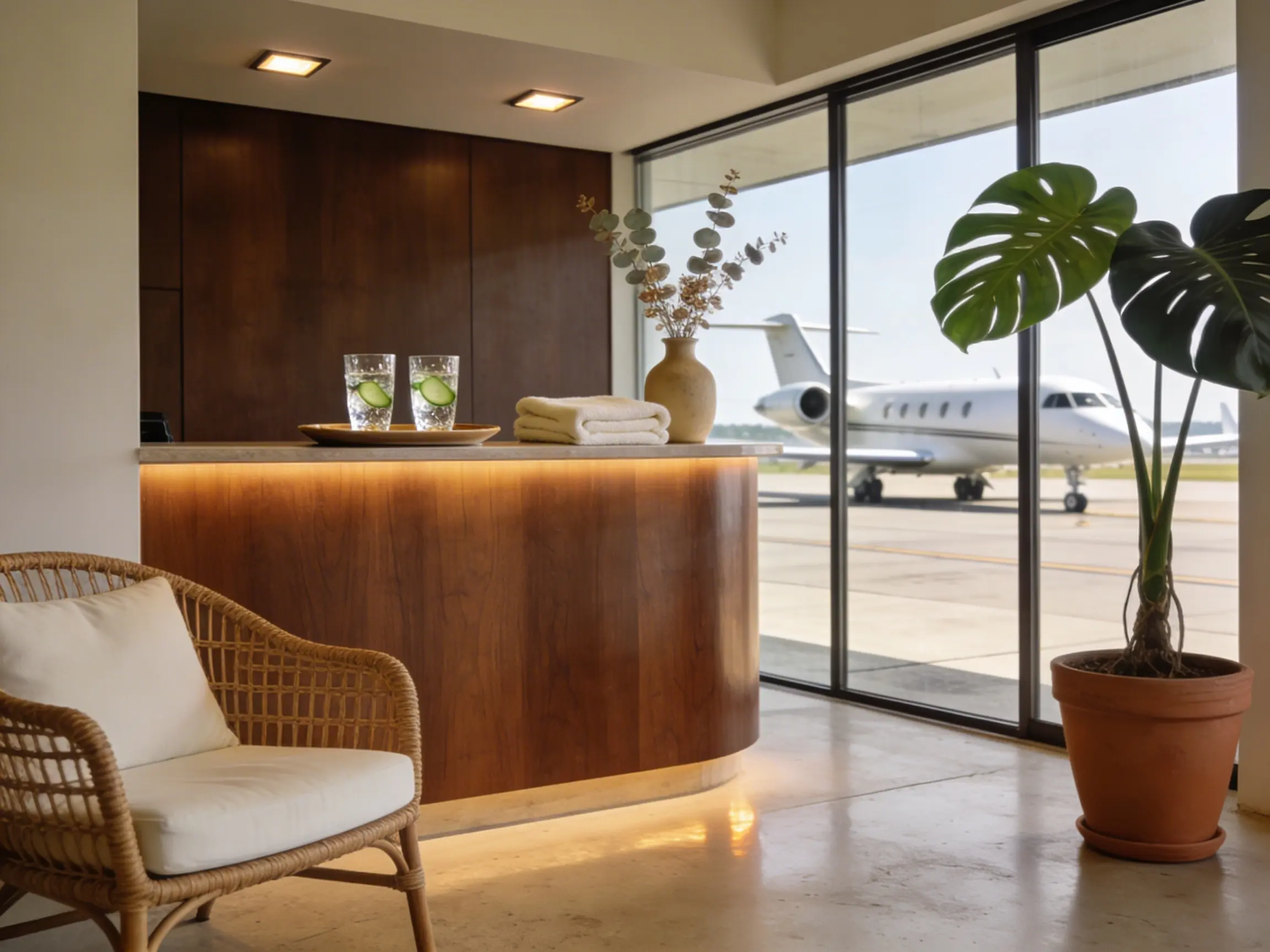 FBO reception lounge prepared for arriving charter guests